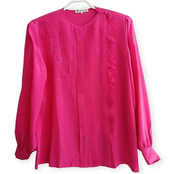 Vintage Peony Pure Silk Hand Embroidered Pink Long Sleeve Blouse Size 34 Small - Picture 17 of 17